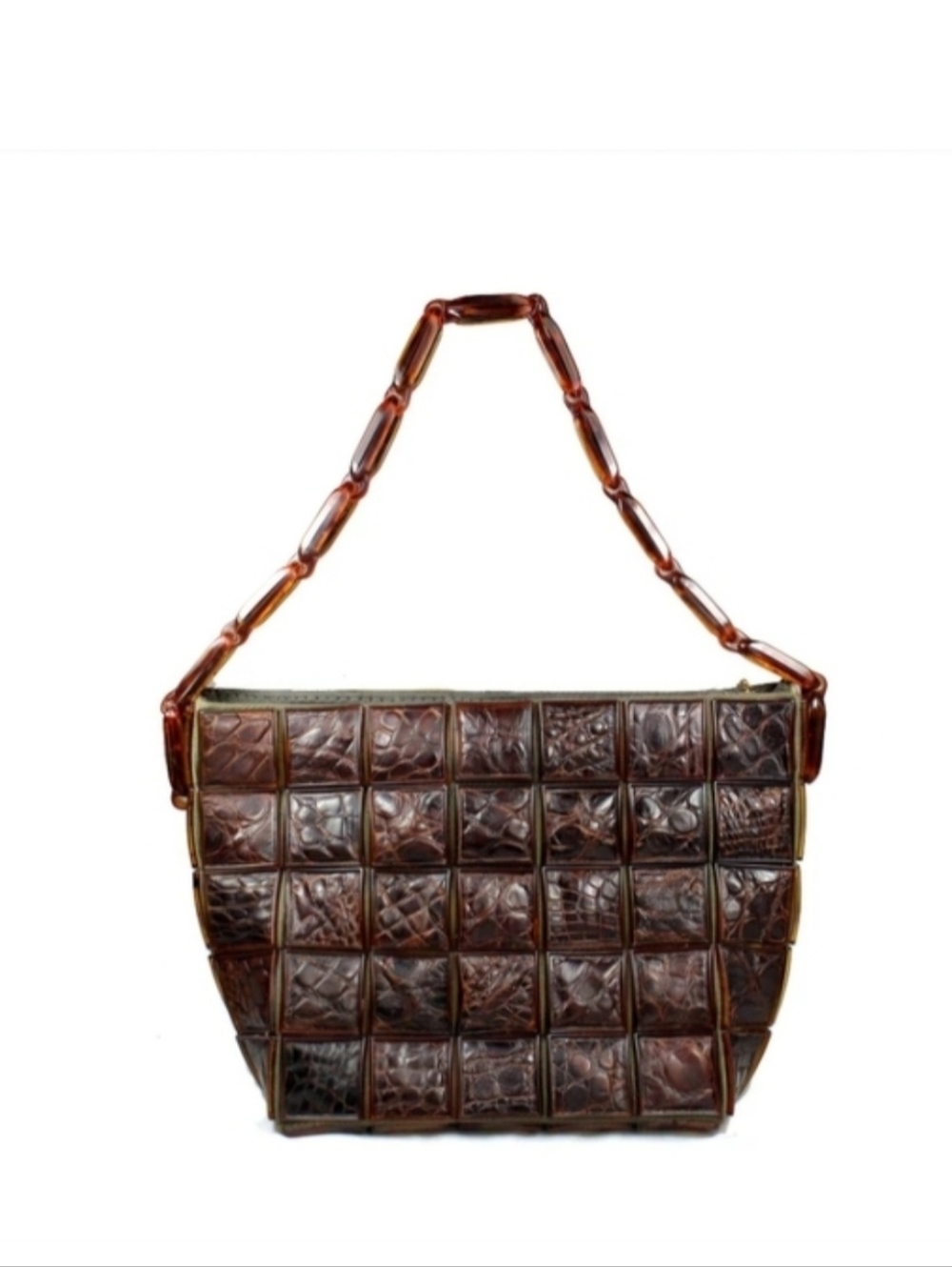 Vintage 40'-50's Rare Brown Genuine Reptile Skin Handbag Framed in Faux Totrtois
